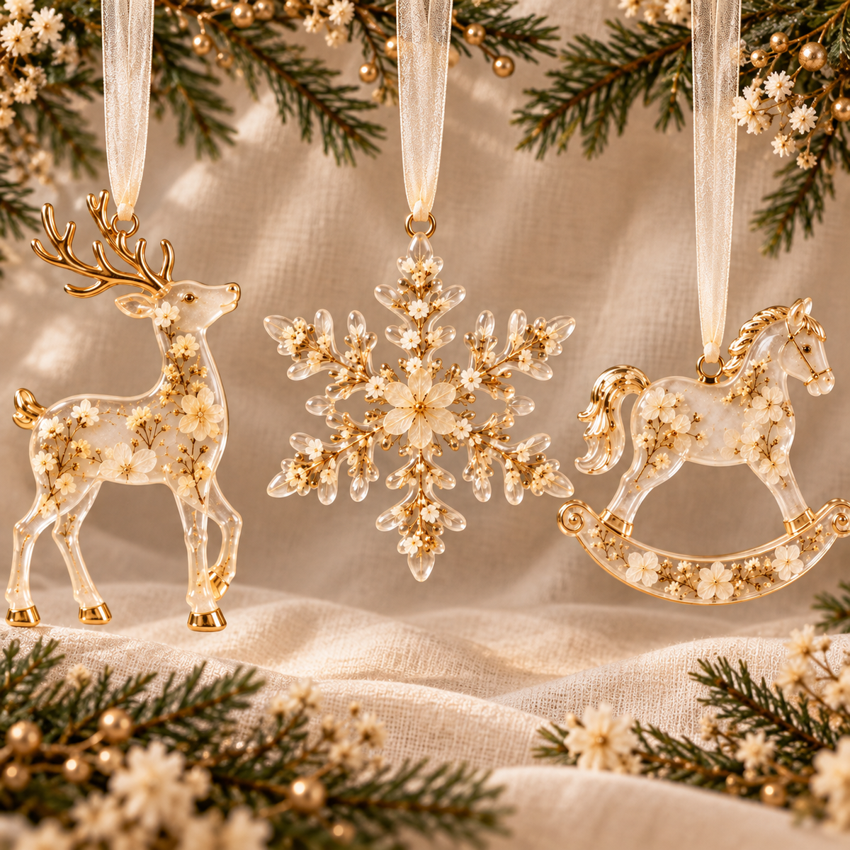 Winter Wishes three-ornament set AI-assisted design preview; final details follow studio molds